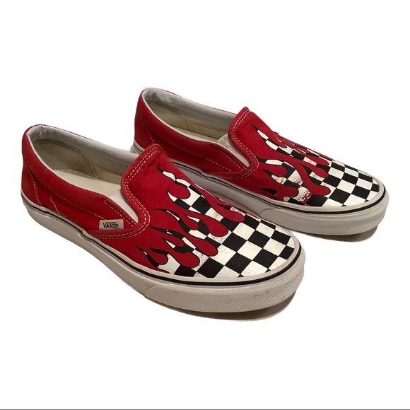 checkered vans with red drip